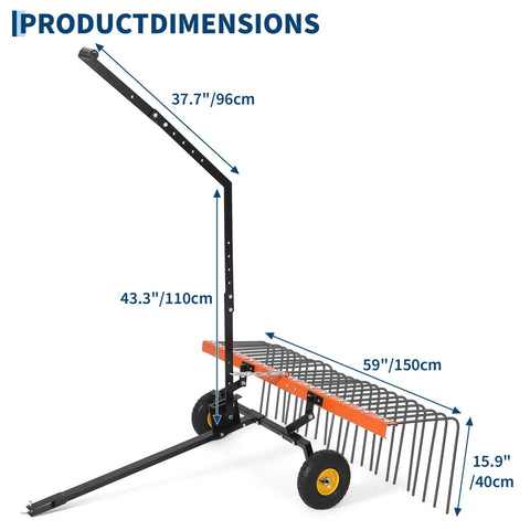 Side view of 60 Inch Tow Behind Lawn Dethatcher And Landscape Rake With 24 Tines Heavy Duty Steel Pine Straw Rake with dimensions