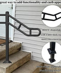 Next Level Black Metal Single Post Handrail For Outdoor Steps, U Shaped Stair Railing, showing bent design and crossbars.