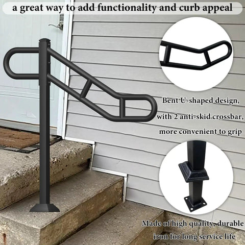 Next Level Black Metal Single Post Handrail For Outdoor Steps, U Shaped Stair Railing, showing bent design and crossbars.