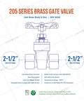Diagram of Lead Free 2-1/2 Inch FIP Gate Valve with Cast Brass Body, non rising stem, cast iron wheel handle, NSF ANSI 61/372 compliant.