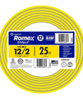 Coiled 25 ft yellow SIMpull 12/2 NM-B copper building wire with ground for dry indoor residential wiring, package label visible.