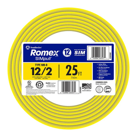 Coiled 25 ft yellow SIMpull 12/2 NM-B copper building wire with ground for dry indoor residential wiring, package label visible.