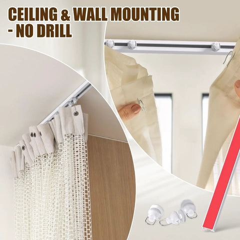 Self Adhesive Ceiling Curtain Track 9.8 Ft Flexible Cuttable No Drill Curtain Rail Stick On Ceiling Mount Curtain Rod For Room Divider Window Closet RV Includes Hooks And Clips, mounted with curtains