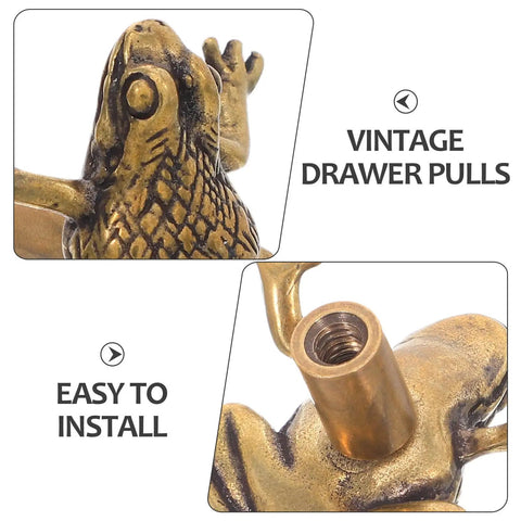 Close-up of Vintage Brass Frog Cabinet Knob with Lucky Toad Motif showing detailed carving and installation point.