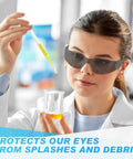 Scientist wearing Clear ANSI Z87.1 Safety Glasses For Work, Lab, And Construction, handling a pipette and beaker in a lab.