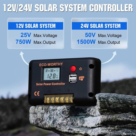 30A Solar Charge Controller With Bluetooth And Dual USB Ports for 12V and 24V systems, displayed on a rock.