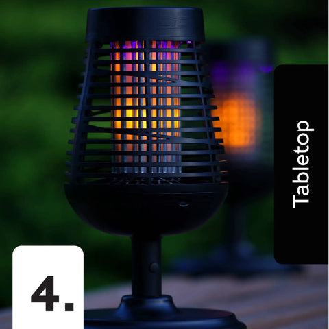 Solar Insect Killer Torch Bug Zapper And Accent Light For Patio Outdoor Pest Control with Flickering Flame LED displayed on tabletop