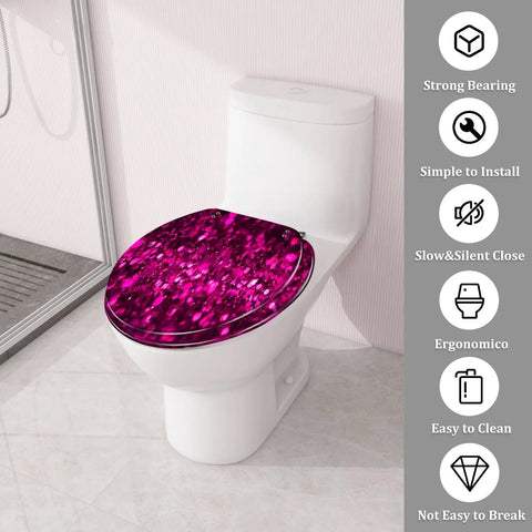 Toilet Seat Round Resin for Bathroom Use in vibrant pink with sparkle design on a toilet, size 14.5" x 16.5".