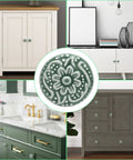 Solid Green Ceramic Cabinet Knobs In A Ten Piece Bundle, 34mm Drawer Pulls on various styled furniture surfaces.