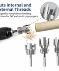 Drill Powered PVC Pipe Threader Kit One Half Three Quarters One Inch Two In One Internal And External Thread Maker For PVC And Plastic Water Pipes DIY Plumbing Tap And Die Set Pro Grade showing threading on pipe