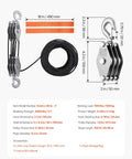 4400 Lbs Breaking Strength Rope Pulley Hoist With 100 Ft Rope 5 To 1 Lifting Power Beefy Heavy Duty Pulley System With Two Soft Loops Metal Wheels Bearing Structure Block And Tackle For Lifting Heavy Objects., 100 ft rope, metal hook and pulley dimensions shown