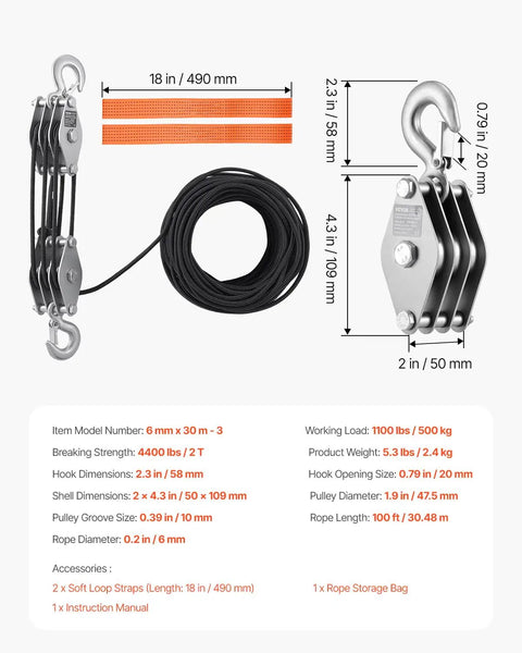4400 Lbs Breaking Strength Rope Pulley Hoist With 100 Ft Rope 5 To 1 Lifting Power Beefy Heavy Duty Pulley System With Two Soft Loops Metal Wheels Bearing Structure Block And Tackle For Lifting Heavy Objects., 100 ft rope, metal hook and pulley dimensions shown