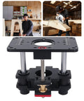 Heavy Duty Aluminum Electric Router Lift For Router Table No Sweat Inverted Mounting With Smooth As Glass Height Dial And Hella Secure Woodworking Setup Kit on display.
