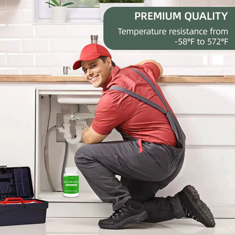 Plumber using 8oz Silicone Dielectric Grease For Electrical Connectors And O Rings Waterproof For Marine Automotive And Universal Use With Curved And Straight Brush And Towel Included Prevents Corrosion And Seals Out Dirt under sink