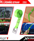 Top Shelf Heavy Duty Cam Buckle Tie Down Straps 1x12 Feet 12 Pack With Bulletproof Grip For Flatbed Trailers Trucks And Equipment Hauling Made Tough For The Daily Grind, showing green straps securing bikes and equipment.