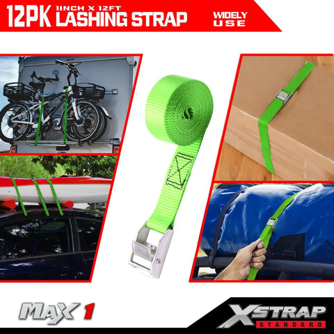 Top Shelf Heavy Duty Cam Buckle Tie Down Straps 1x12 Feet 12 Pack With Bulletproof Grip For Flatbed Trailers Trucks And Equipment Hauling Made Tough For The Daily Grind, showing green straps securing bikes and equipment.