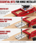 Complete Door Hinge Jig And Lock Installation Kit With Reliable Mortise Guiding Tray For Flawless Cabinet Work showing three essential bits for hinge installation.