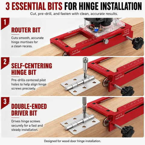Complete Door Hinge Jig And Lock Installation Kit With Reliable Mortise Guiding Tray For Flawless Cabinet Work showing three essential bits for hinge installation.