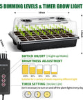 Seed Starter Tray Kit With Grow Lights, 40 Cell Trays With Humidity Dome, Indoor Mini Greenhouse dimensions and light settings.