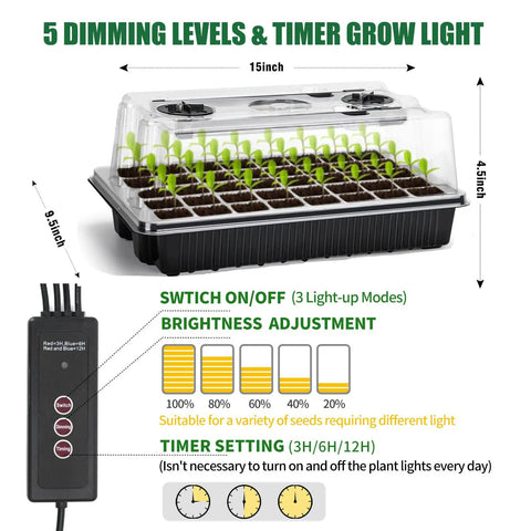 Seed Starter Tray Kit With Grow Lights, 40 Cell Trays With Humidity Dome, Indoor Mini Greenhouse dimensions and light settings.