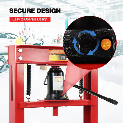 Heavy Duty 20 Ton Hydraulic Shop Press, Adjustable H Frame Floor Press With Thick Steel Plates For Shop Dogs And Metal Straightening, Rock Solid Red Build, close-up of user-friendly controls.