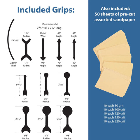 Diagram of 21 Profile Contour Sanding Grips with assorted sandpaper for woodworking, auto body, and crafts projects.