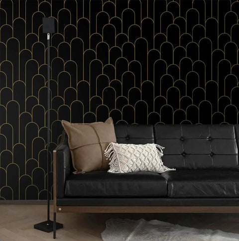 Living room with sofa against Black And Gold Dope Geometric Peel And Stick Wallpaper For Bedroom Modern Removable Self Adhesive Wall Covering