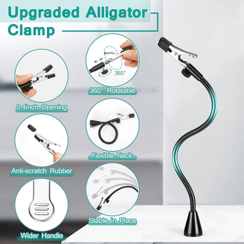 Alligator clamp with flexible neck from Helping Hands Soldering Station With 10X Magnifying Glass And LED Light Four Magnetic PCB Holder Arms