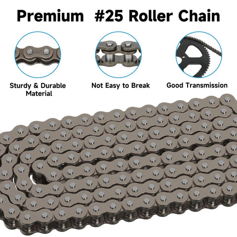 Close-up of Heavy Duty 126 Link Drive Chain With Chain Tensioner Replacement showing durable metal links and sprocket