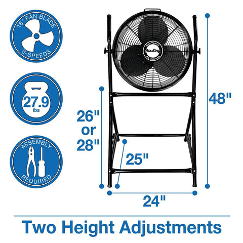 Front view of 18-Inch Industrial Grade High Velocity Roll-About Fan Stand for Work Sites, Rugged and Portable Air Circulation, Black.