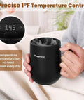 Self Heating Coffee Mug With Temperature Control Smart Cup 12 Oz Travel Warmer showing steam and precise 1°F dial in hand.