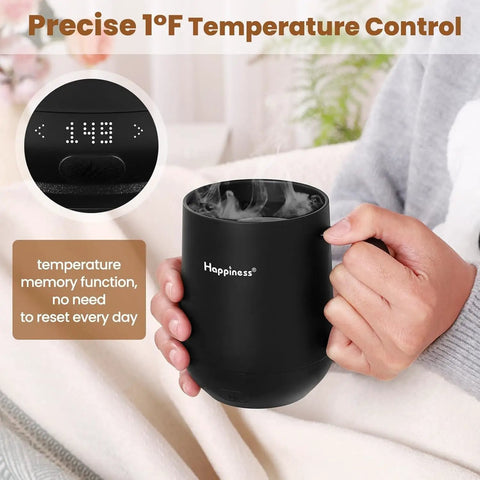 Self Heating Coffee Mug With Temperature Control Smart Cup 12 Oz Travel Warmer showing steam and precise 1°F dial in hand.