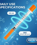 0.5ml 30G 5/16 Inch 8mm Syringe Pack Of 100 Individually Wrapped Lab Supplies With Clear Graduation Marks For Precise Measurements And Leak Proof Withdrawal, 0.5 mL syringe