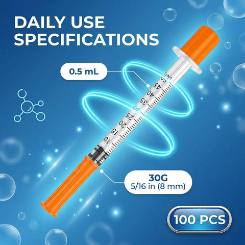 0.5ml 30G 5/16 Inch 8mm Syringe Pack Of 100 Individually Wrapped Lab Supplies With Clear Graduation Marks For Precise Measurements And Leak Proof Withdrawal, 0.5 mL syringe