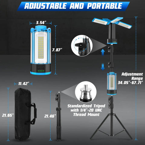 Rechargeable Camping Light With Stand And Detachable Tripod, Four Adjustable LED Heads, 6000K Cool White Dimmable Work Lantern details