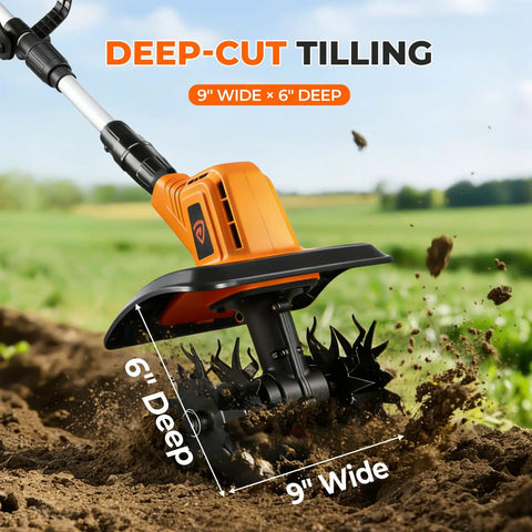 Cordless Electric Tiller Cultivator With 21V Battery, Dual 4.0Ah Pack, 9In Tilling Width, 6.6In Depth, 360RPM Power close-up