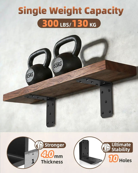 Installed Heavy Duty L Brackets 4 Pack Beefy Carbon Steel Corner Braces 300 Pound Capacity holding wood shelf with weights