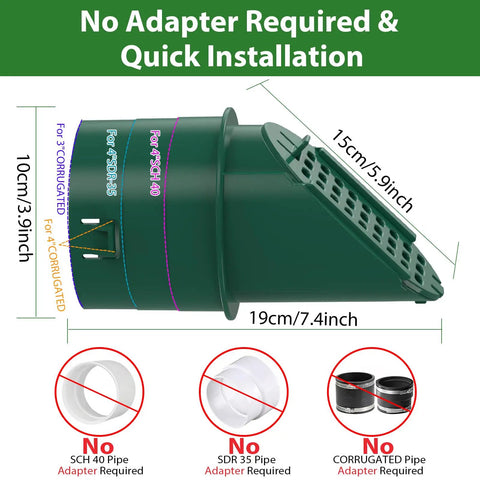 Side view of green 4 Inch Slope Drainage Grate Cover With Rain Diverter And Yard Drain Emitter For Sump Pump Discharge And Downspout Extensions, Tool Free 3 Minute Install, Universal Fit For 4 In SCH 40 SDR 35 And Corrugated Pipe, Green with measurement details.