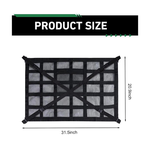 Double Layer Roof Cargo Net With 9 Straps, zippered pocket, double mesh storage for cars, dimensions 31.5 x 21.6 inches.