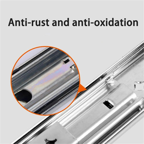 Close-up of Heavy Duty Drawer Slide Rails 53mm 400mm Full Extension Ball Bearing, showcasing anti-rust, anti-oxidation feature.