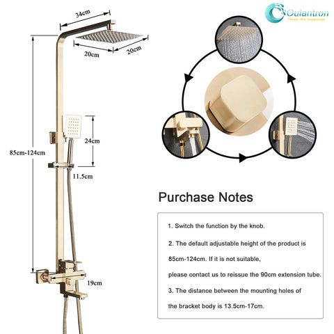 Dope Brushed Gold Shower System With Handheld Spray For Indoor Or Outdoor Use, 3 Function Rainfall, Rust Resistant Brass Valve, Diagram