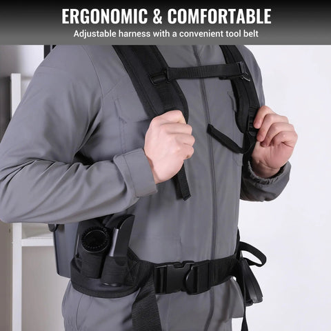 No Nonsense Commercial Grade Backpack Vacuum With Ergonomic Harness and Kickass 1200 Watt Motor For Easy Cleanups On Carpets Or Hard Floors Built Light As A Feather And Ready To Handle Any Mess You Throw At It, showing adjustable harness in use.