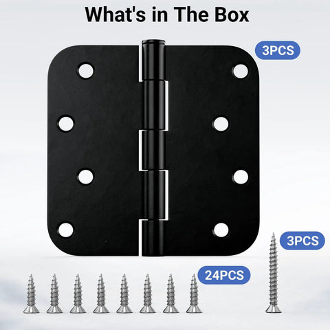 Three Pack Four Inch Matte Black Door Hinges Heavy Duty Solid Iron Interior And Exterior With Five Eighths Inch Radius Corner Removable Pin Rustproof For Front Door Garage And Bedroom, 3 hinges and screws