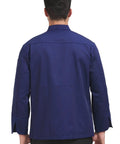 Mens Long Sleeve Chef Coat Breathable Kitchen Cooking Uniform With Smart Pockets And Easy Collar seen from the back in navy.