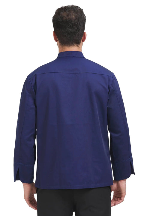 Mens Long Sleeve Chef Coat Breathable Kitchen Cooking Uniform With Smart Pockets And Easy Collar seen from the back in navy.
