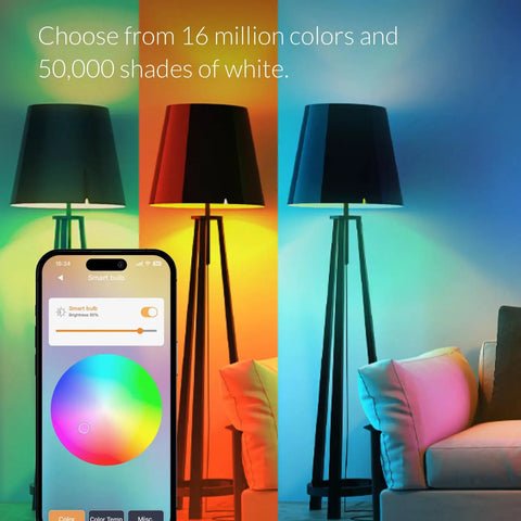 A19 Dimmable Smart Bulb With 800 Lumens CRI 90 Plus 16 Million Colors And 2000K To 6000K White 2 Pack Works With Hue SmartThings Home Assistant Amazon Echo And Google Assistant in lamp with phone app showing color options