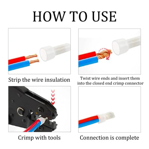 Pro Grade CE1 Closed End Crimp Connectors Kit For 22 16 AWG Nylon Insulated Wire Ends usage steps