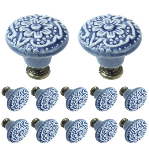 Light Blue Ceramic Kitchen Cabinet Knobs Set Of 12, 34mm Diameter Round Pull Handles, 1.3 Inches Wide And 1.2 Inches High, Includes Screws And Mini Screwdriver For Easy Installation, Classic Vintage Look For Cabinets And Drawers, floral embossed