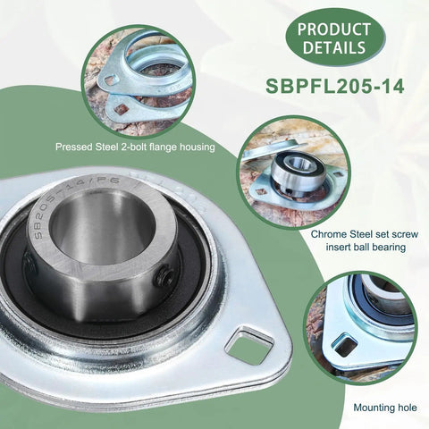 7/8 Inch Flange Bearing Pillow Block 2-Bolt Pressed Steel Housing With Set Screw Locking Includes Wrench For Quick Install
