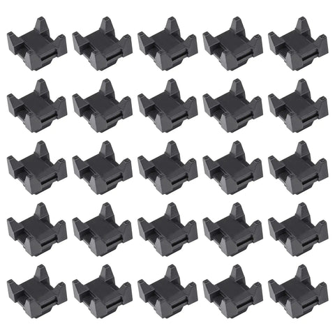 Plastic Zip Tie Mounting Blocks 25 Pack For 15 And 40 Series Aluminum T Slot Extrusions Drop In Base Mounts For Easy Cable Management On 3D Printers Routers DIY And CNC Machines, black plastic blocks laid out in a 25-pack